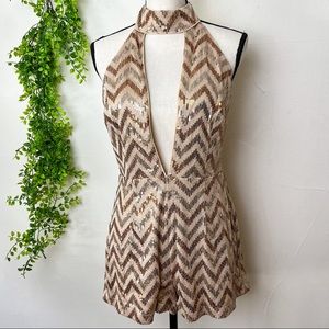 Luxxel Sequined Plunge Halter Sleeveless Bronze Romper Large